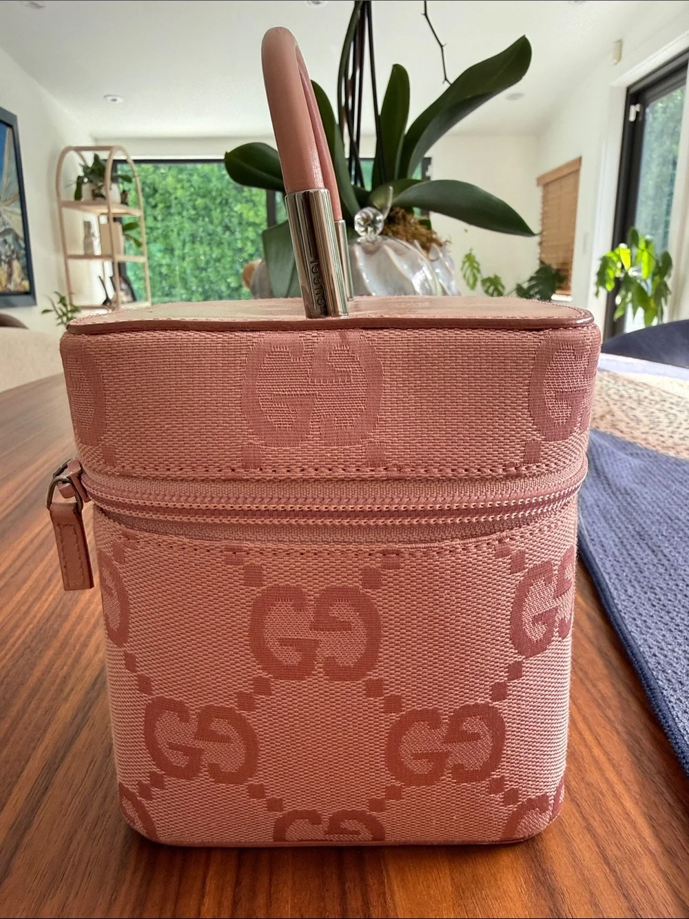 Vintage Gucci Pink GG Canvas Vanity Case with Top Handle